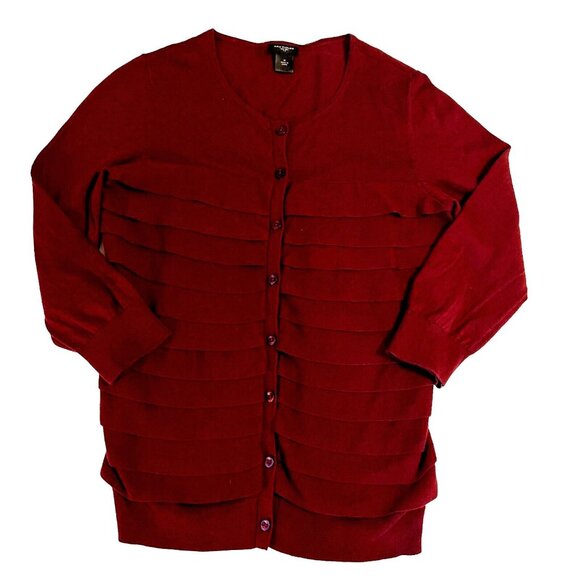 Ann Taylor Womens Cardigan Cotton Sweater Ruffles Buttons Wine Maroon Red Med - Picture 2 of 10